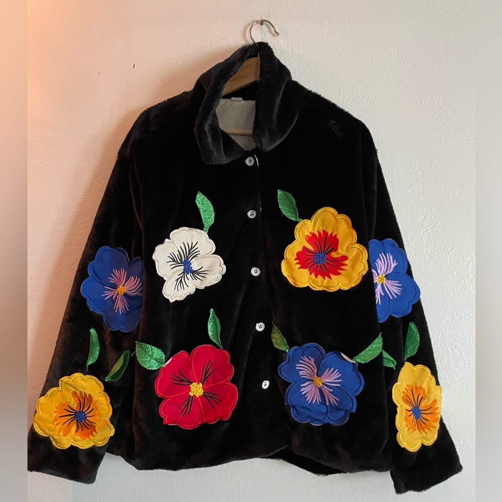 Faux Fur Coat w/ Colorful Flower Decals